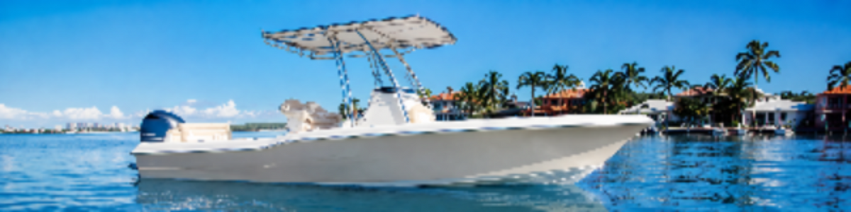 A white center-console motorboat with a striped canvas canopy is shown on calm blue water under a clear blue sky, with palm trees and waterfront buildings in the background.
